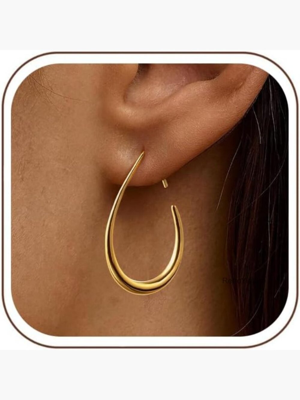 Teardrop Hoop Earrings 14K Gold Plated Oval Pull Through Hypoallergenic - Picture 1 of 7